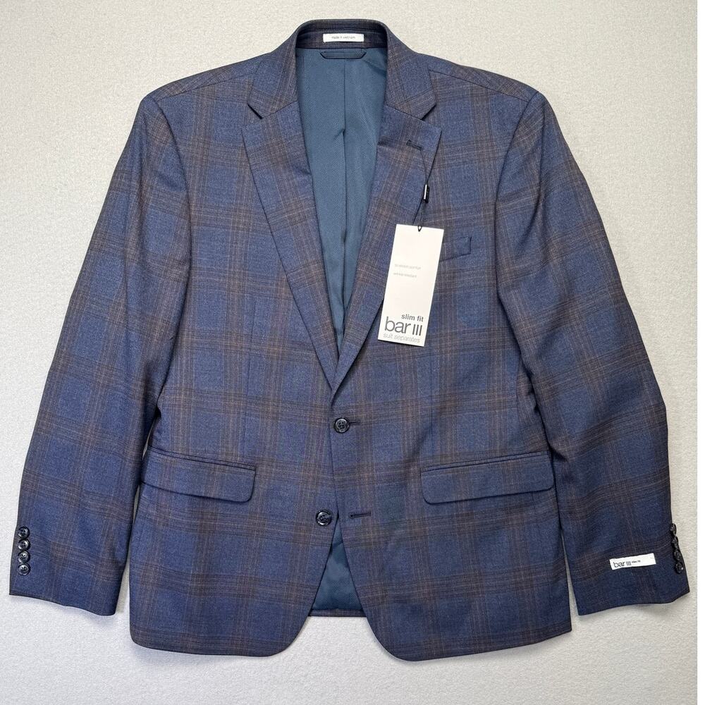 Bar III Men's Slim-Fit Wool Blend Suit Jacket Navy Plaid 40S $425